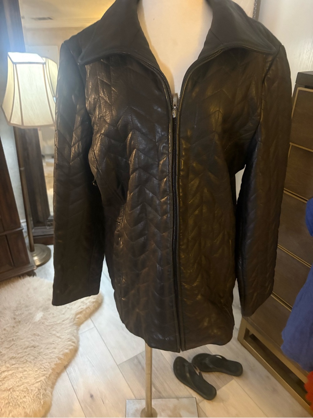 Worthington Black Quilted Lamb Skin Zip-Front Jacket XL